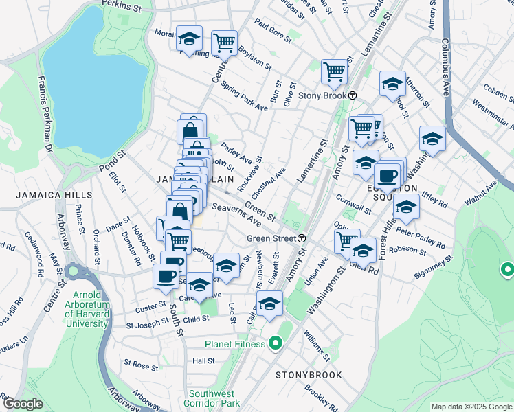 map of restaurants, bars, coffee shops, grocery stores, and more near 62 Green Street in Boston