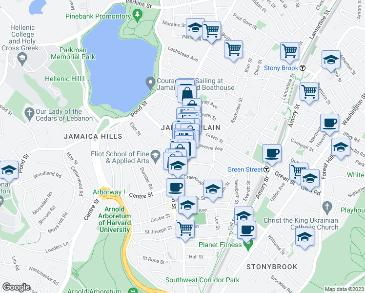 map of restaurants, bars, coffee shops, grocery stores, and more near 2A Brewer Street in Boston