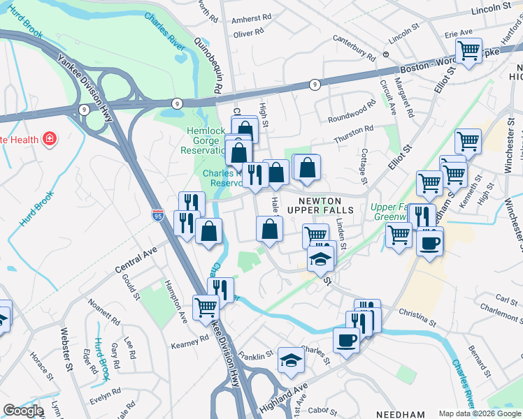 map of restaurants, bars, coffee shops, grocery stores, and more near 1075 Chestnut Street in Newton