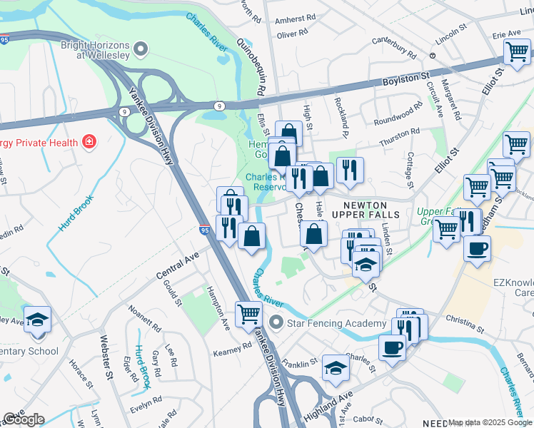map of restaurants, bars, coffee shops, grocery stores, and more near 1 Keefe Avenue in Newton