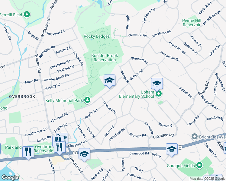 map of restaurants, bars, coffee shops, grocery stores, and more near 104 Elmwood Road in Wellesley