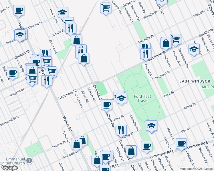 map of restaurants, bars, coffee shops, grocery stores, and more near 1527 Alexis Street in Windsor