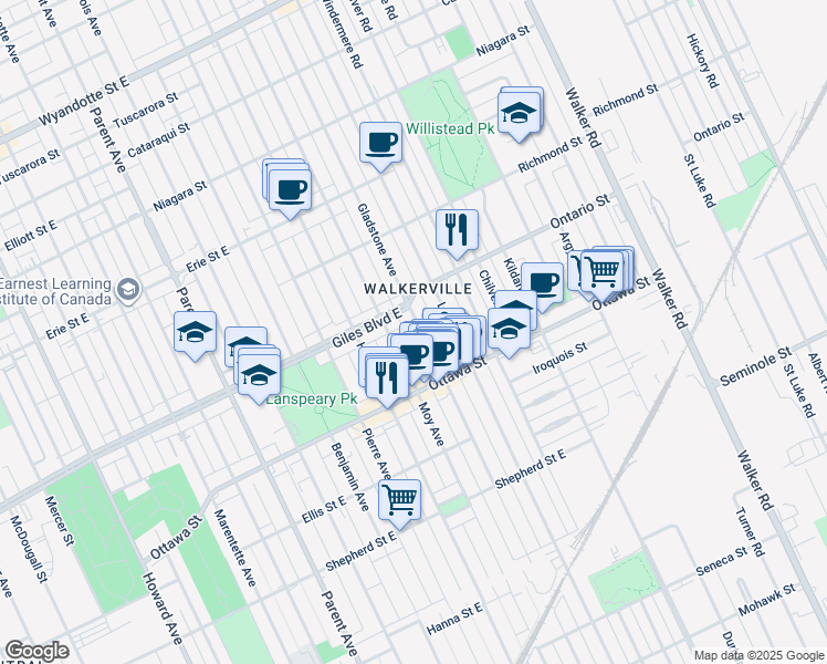 map of restaurants, bars, coffee shops, grocery stores, and more near 1235 Gladstone Avenue in Windsor