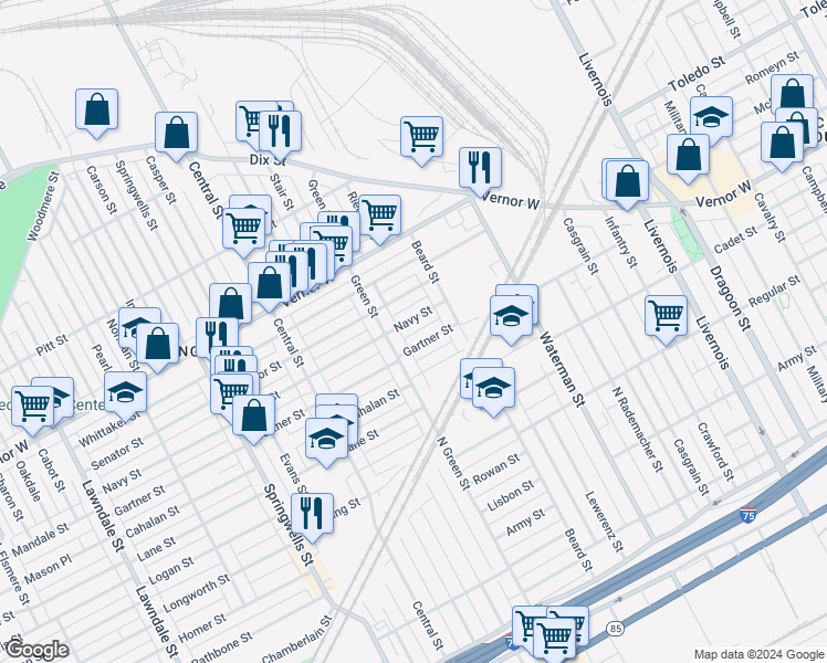 map of restaurants, bars, coffee shops, grocery stores, and more near 1946 Green Street in Detroit