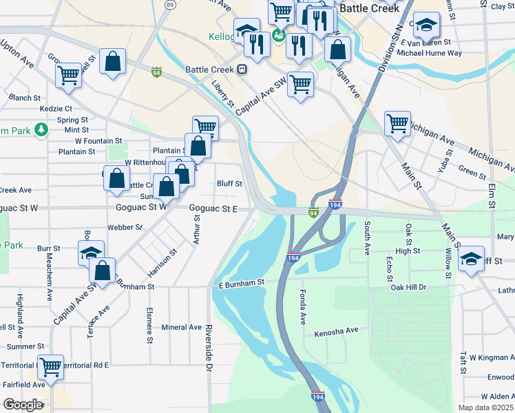 map of restaurants, bars, coffee shops, grocery stores, and more near 115 Riverside Drive in Battle Creek