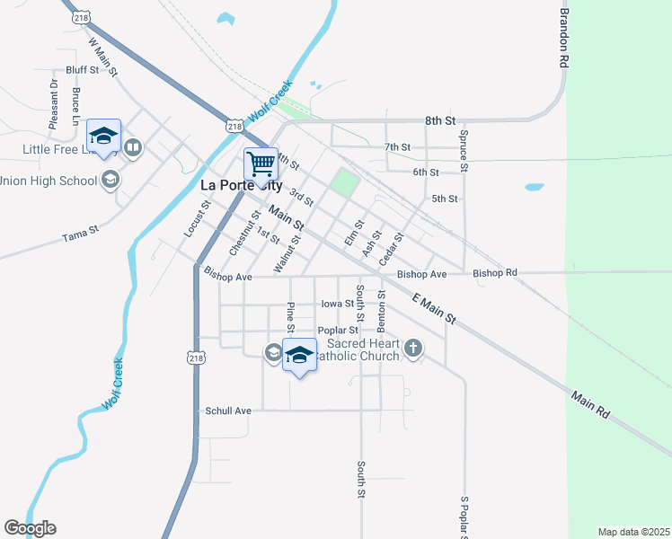 map of restaurants, bars, coffee shops, grocery stores, and more near 802 Bishop Avenue in La Porte City