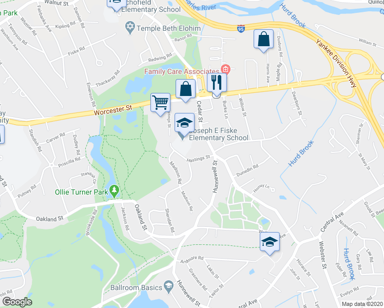 map of restaurants, bars, coffee shops, grocery stores, and more near 23 Hastings Street in Wellesley
