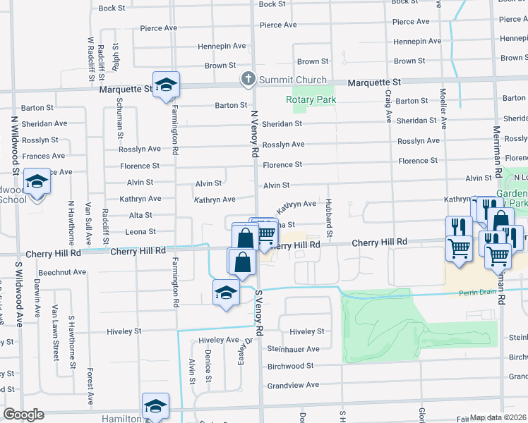 map of restaurants, bars, coffee shops, grocery stores, and more near 244 North Venoy Road in Garden City