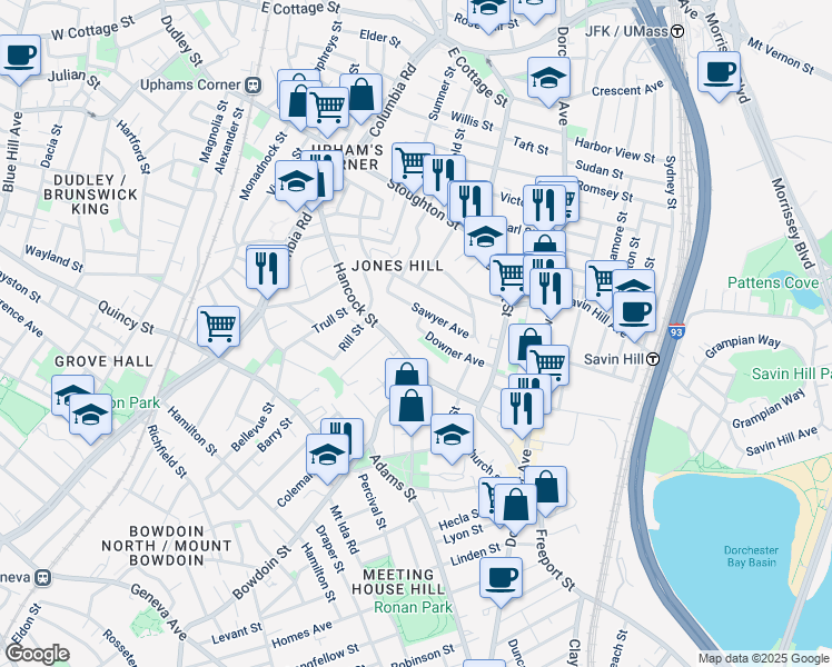 map of restaurants, bars, coffee shops, grocery stores, and more near 60 Downer Avenue in Boston