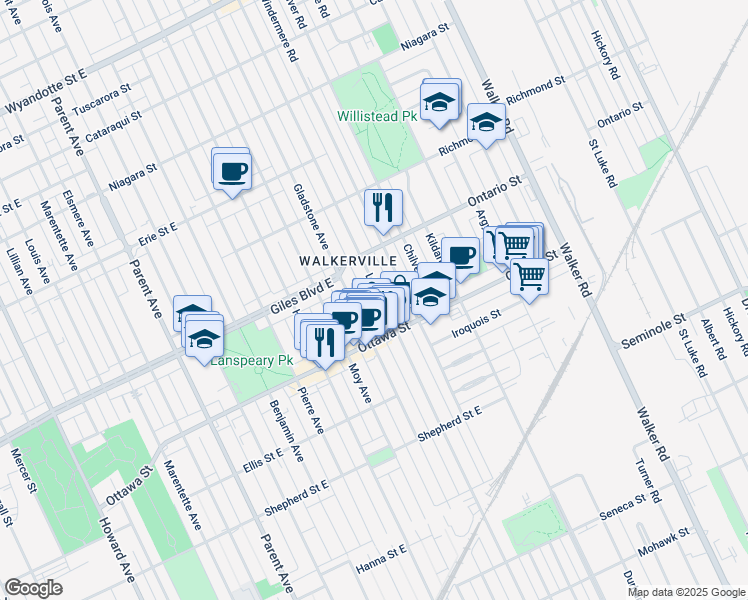 map of restaurants, bars, coffee shops, grocery stores, and more near 1255 Lincoln Road in Windsor