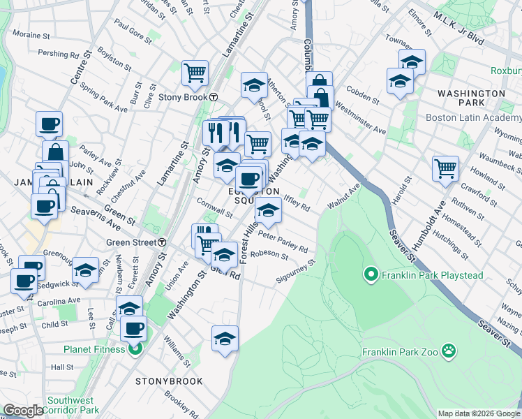 map of restaurants, bars, coffee shops, grocery stores, and more near 10 Forest Hills Street in Boston