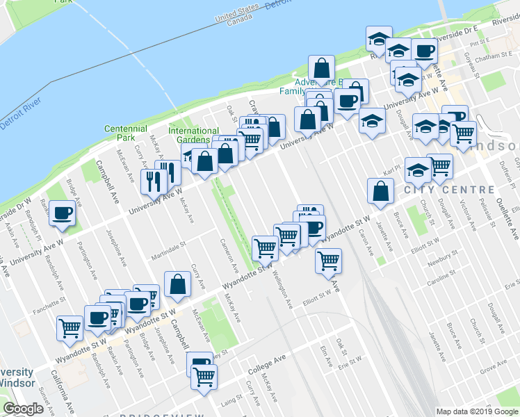 map of restaurants, bars, coffee shops, grocery stores, and more near 436 Elm Avenue in Windsor