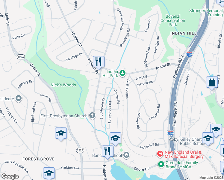 map of restaurants, bars, coffee shops, grocery stores, and more near 8 Darnell Road in Worcester