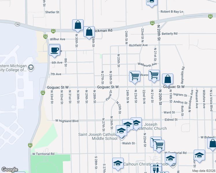 map of restaurants, bars, coffee shops, grocery stores, and more near 1254 Goguac Street West in Battle Creek