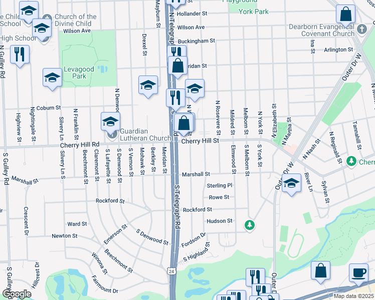 map of restaurants, bars, coffee shops, grocery stores, and more near 136 South Waverly Street in Dearborn