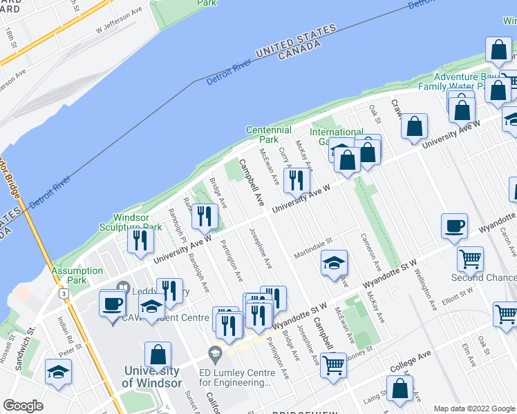 map of restaurants, bars, coffee shops, grocery stores, and more near 279 Campbell Avenue in Windsor