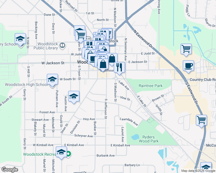 map of restaurants, bars, coffee shops, grocery stores, and more near 325 South Jefferson Street in Woodstock