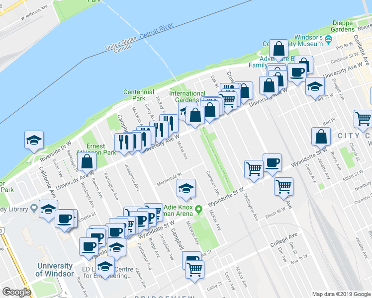 map of restaurants, bars, coffee shops, grocery stores, and more near 338 McKay Avenue in Windsor