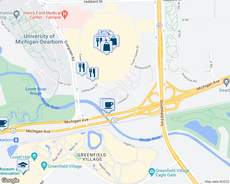 map of restaurants, bars, coffee shops, grocery stores, and more near 150 Lincoln Lane in Dearborn