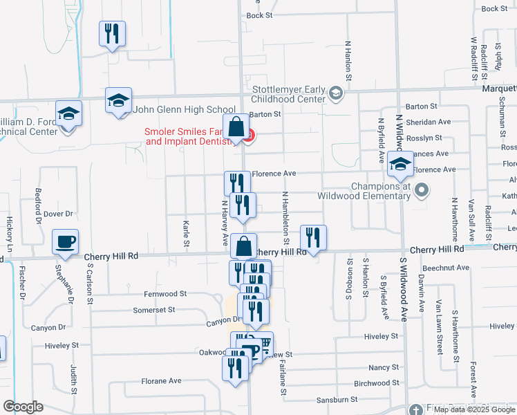 map of restaurants, bars, coffee shops, grocery stores, and more near 400 North Wayne Road in Westland