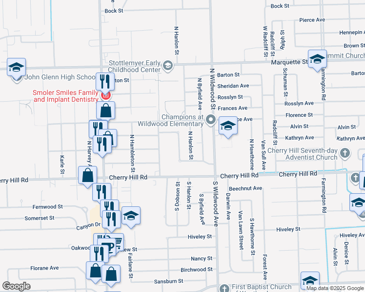 map of restaurants, bars, coffee shops, grocery stores, and more near 406 N Dobson St in Westland
