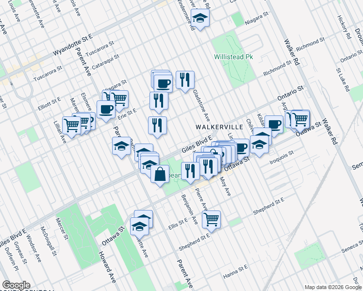 map of restaurants, bars, coffee shops, grocery stores, and more near 1232 Giles Boulevard East in Windsor