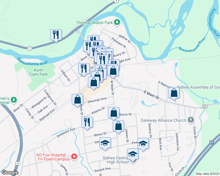 map of restaurants, bars, coffee shops, grocery stores, and more near 12 W Main St in Sidney