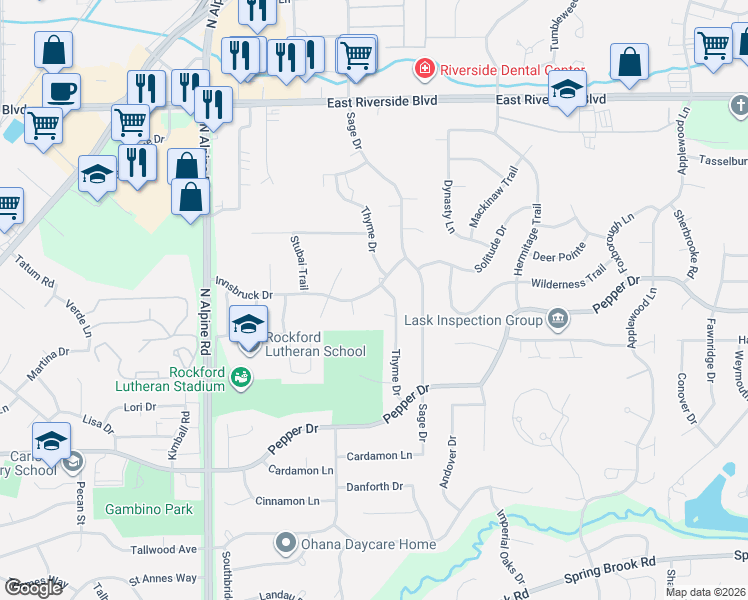 map of restaurants, bars, coffee shops, grocery stores, and more near 4849 Innsbruck Drive in Rockford