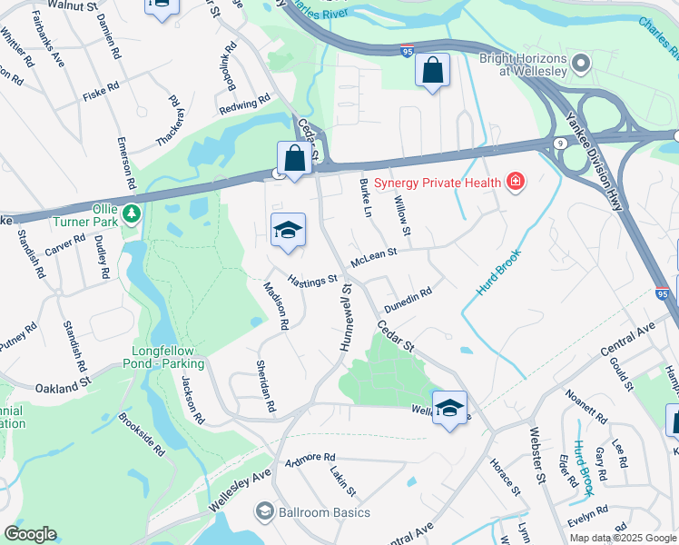 map of restaurants, bars, coffee shops, grocery stores, and more near 189 Cedar St in Wellesley
