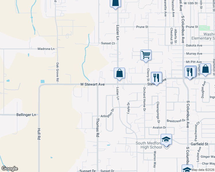 map of restaurants, bars, coffee shops, grocery stores, and more near 2355 West Stewart Avenue in Medford