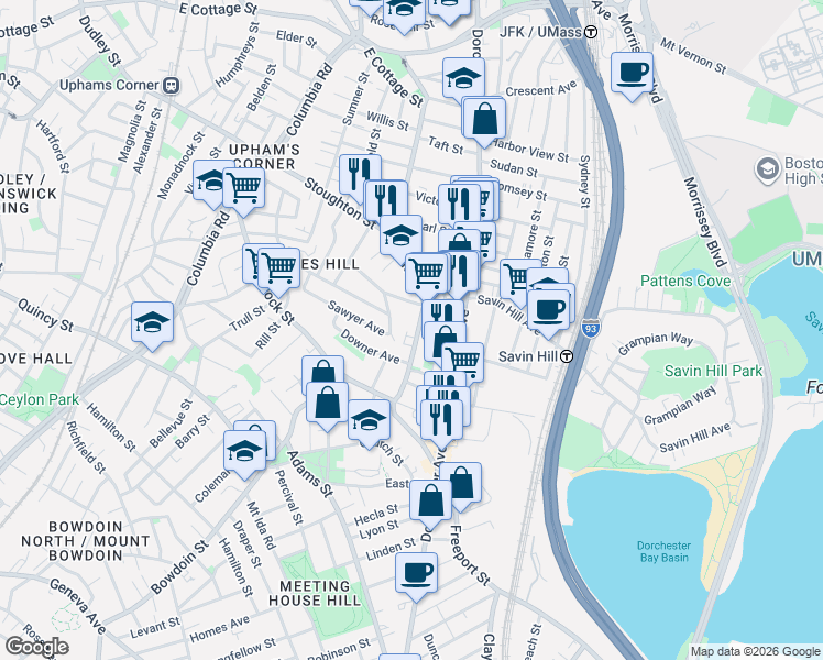map of restaurants, bars, coffee shops, grocery stores, and more near 109 Pleasant Street in Boston