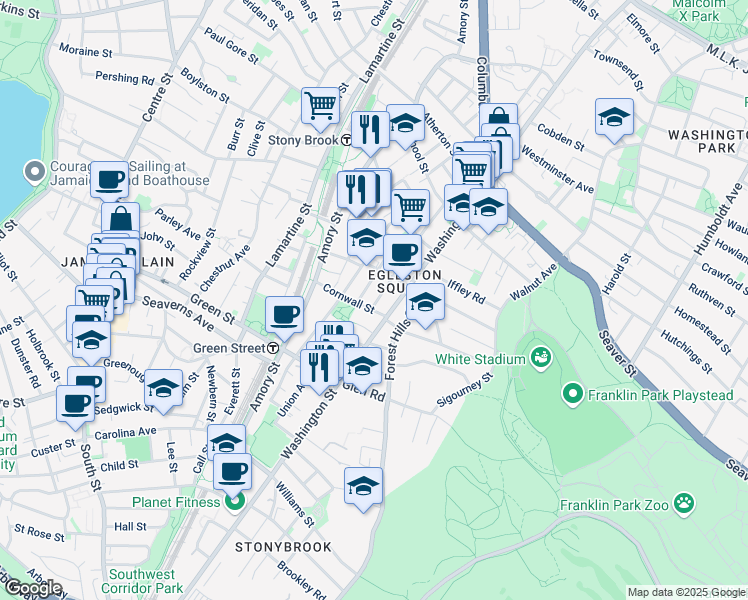 map of restaurants, bars, coffee shops, grocery stores, and more near 6 Haverford Street in Boston
