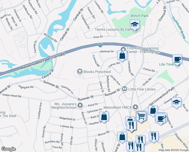map of restaurants, bars, coffee shops, grocery stores, and more near 17 Upper Joclyn Avenue in Framingham