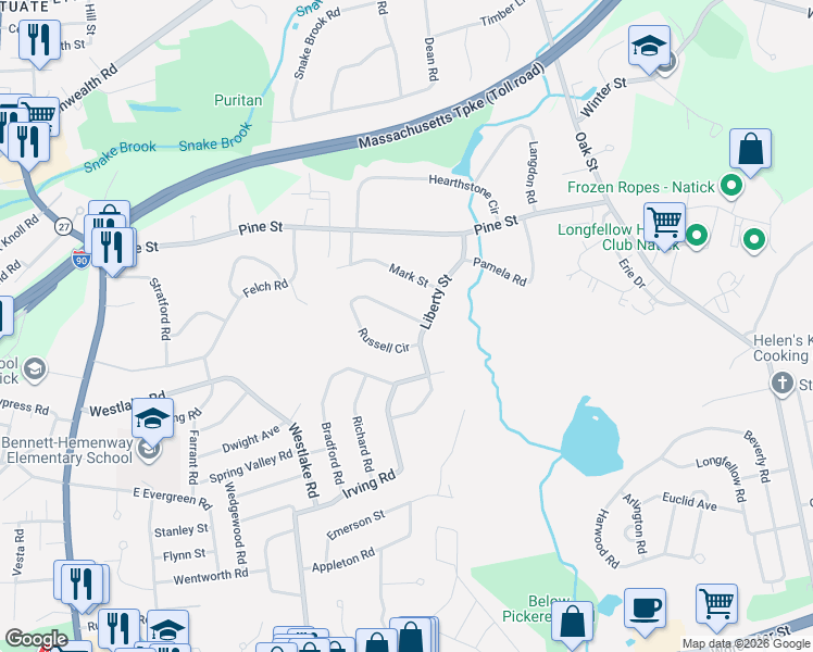 map of restaurants, bars, coffee shops, grocery stores, and more near 23 Russell Circle in Natick