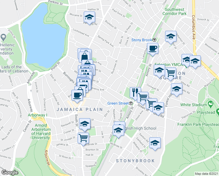 map of restaurants, bars, coffee shops, grocery stores, and more near Chestnut Avenue & Green Street in Boston