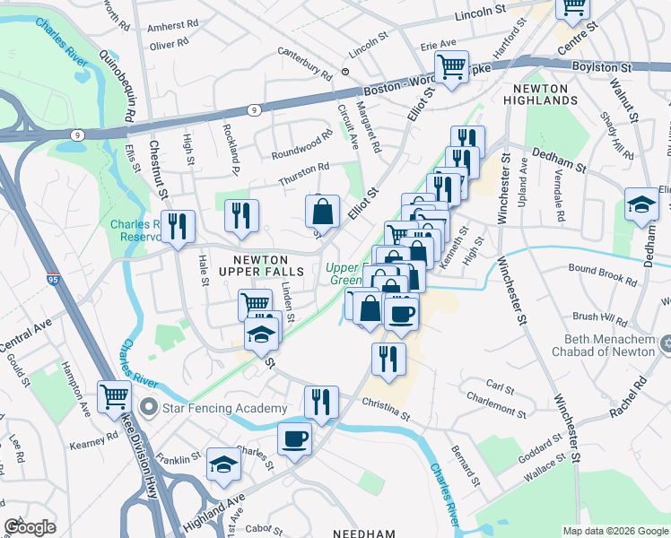 map of restaurants, bars, coffee shops, grocery stores, and more near 31 Wetherell Street in Newton