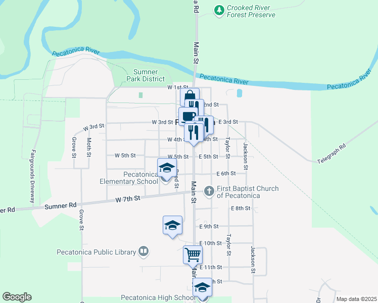 map of restaurants, bars, coffee shops, grocery stores, and more near 523 Main Street in Pecatonica