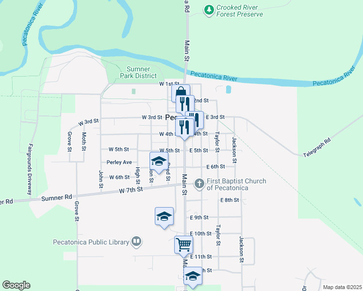 map of restaurants, bars, coffee shops, grocery stores, and more near 523 Main Street in Pecatonica