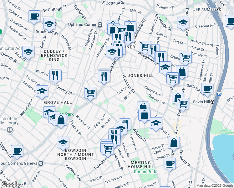 map of restaurants, bars, coffee shops, grocery stores, and more near 25 Trull Street in Boston