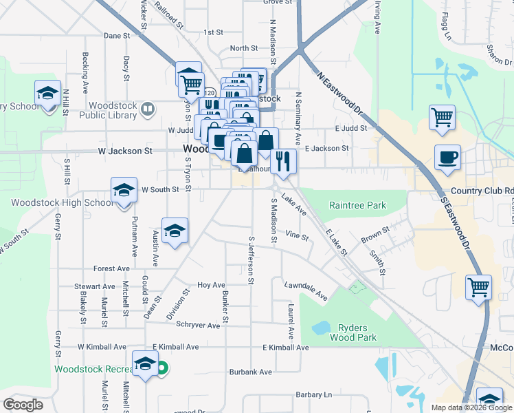 map of restaurants, bars, coffee shops, grocery stores, and more near 325 South Jefferson Street in Woodstock