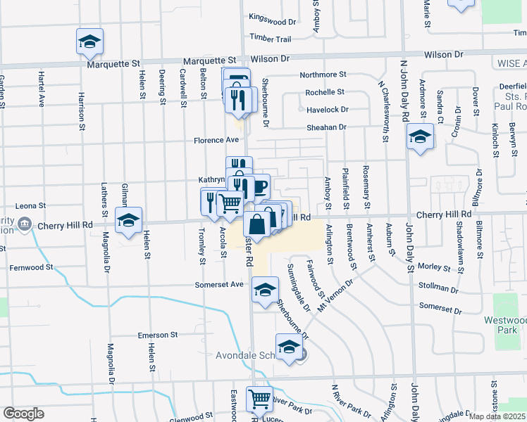 map of restaurants, bars, coffee shops, grocery stores, and more near 27300 Cherry Hill Road in Dearborn Heights