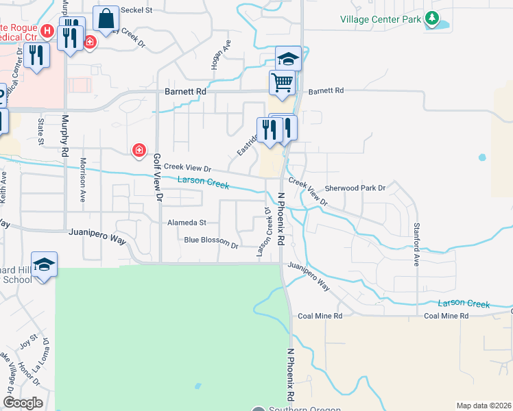 map of restaurants, bars, coffee shops, grocery stores, and more near 3588 Alderwood Drive in Medford