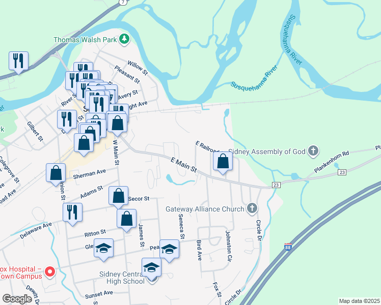 map of restaurants, bars, coffee shops, grocery stores, and more near 7 Orchard St in Sidney