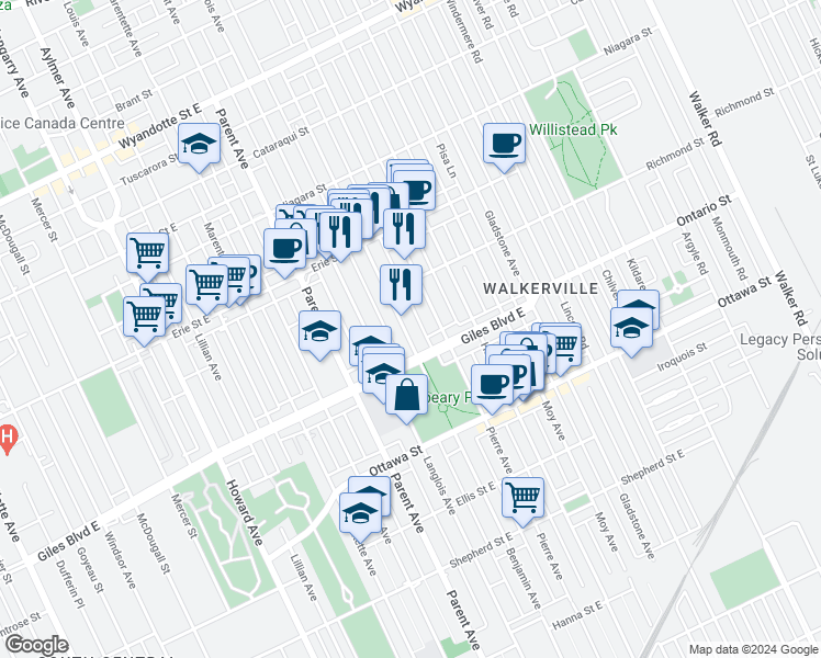 map of restaurants, bars, coffee shops, grocery stores, and more near 1160 Marion Avenue in Windsor