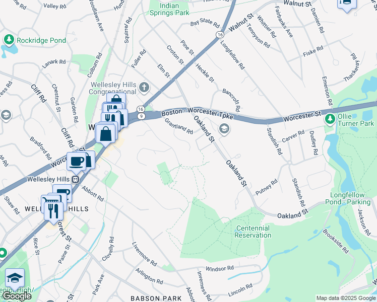map of restaurants, bars, coffee shops, grocery stores, and more near 52 Cunningham Road in Wellesley