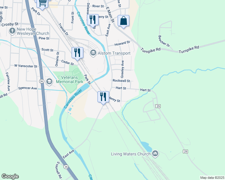 map of restaurants, bars, coffee shops, grocery stores, and more near 216 East Avenue Extension in Hornell