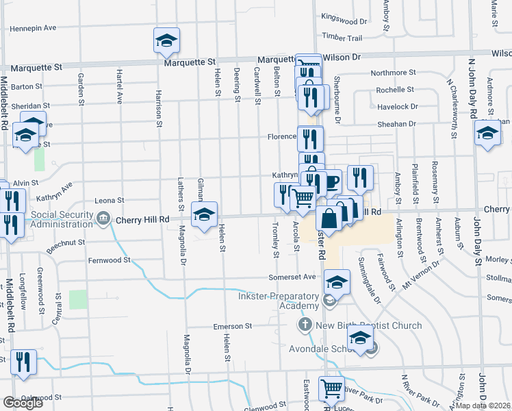 map of restaurants, bars, coffee shops, grocery stores, and more near 138 Cardwell Street in Garden City