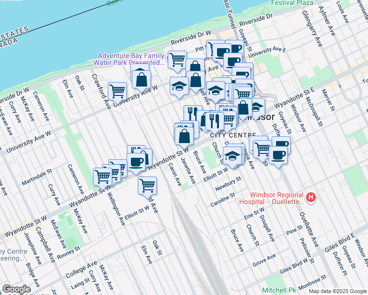map of restaurants, bars, coffee shops, grocery stores, and more near 560 Wyandotte Street West in Windsor
