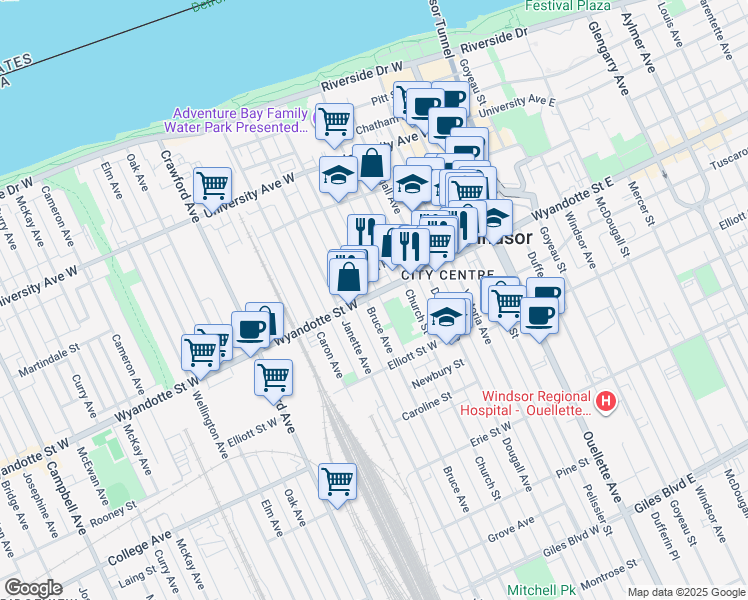 map of restaurants, bars, coffee shops, grocery stores, and more near 465 Wyandotte Street West in Windsor