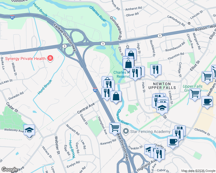 map of restaurants, bars, coffee shops, grocery stores, and more near 16 Vara Lane in Needham